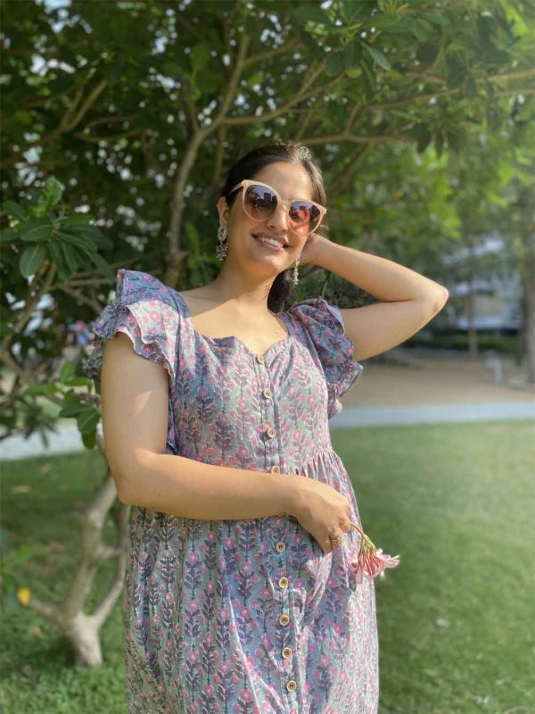 Grey Ruffle Sleeves Dress