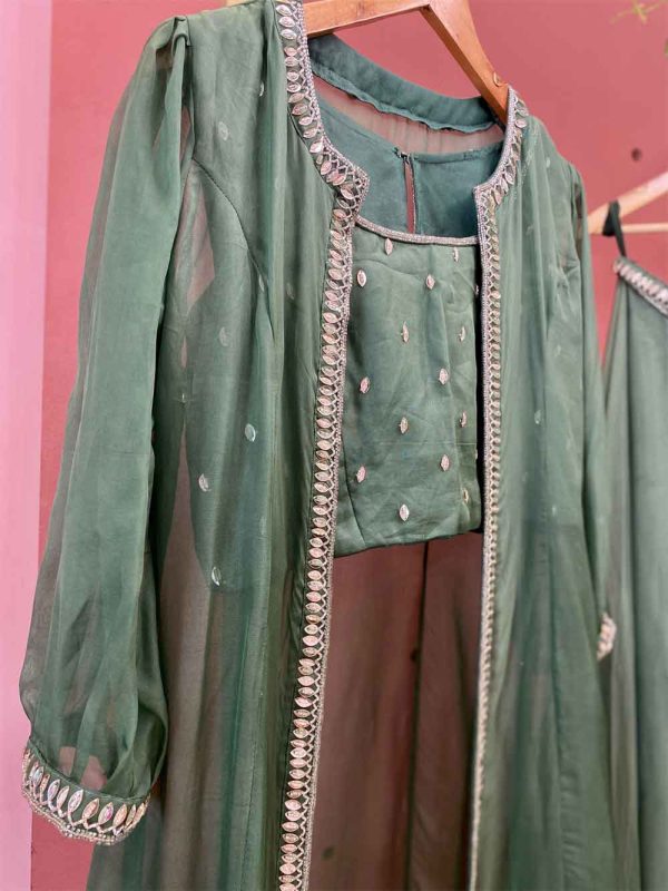 Jade Green Soft Organza Lehenga with Handwork Embellished Crop top and Shrug - Image 2