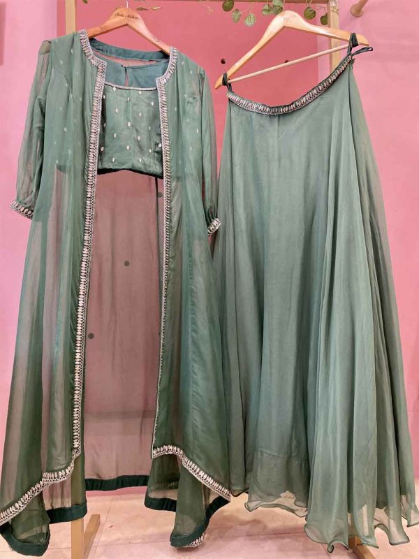 Jade Green Soft Organza Lehenga with Handwork Embellished Crop top and Shrug